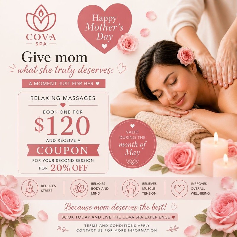 Mother's Day Promo — Relaxing Massage $120, 20% OFF coupon for second session