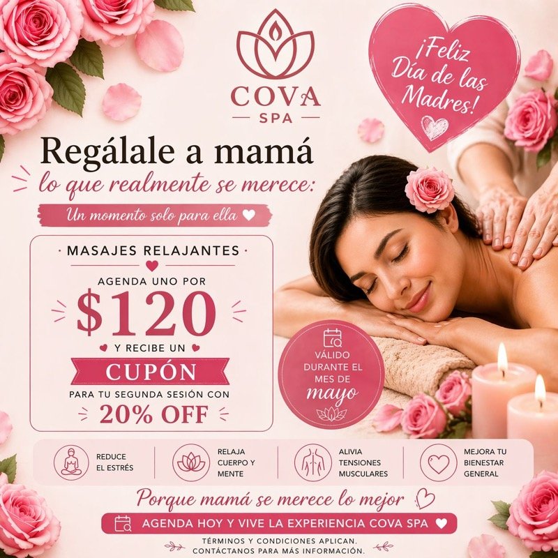 Promo Día de las Madres — Masaje Relajante $120, cupón 20% OFF segunda sesión